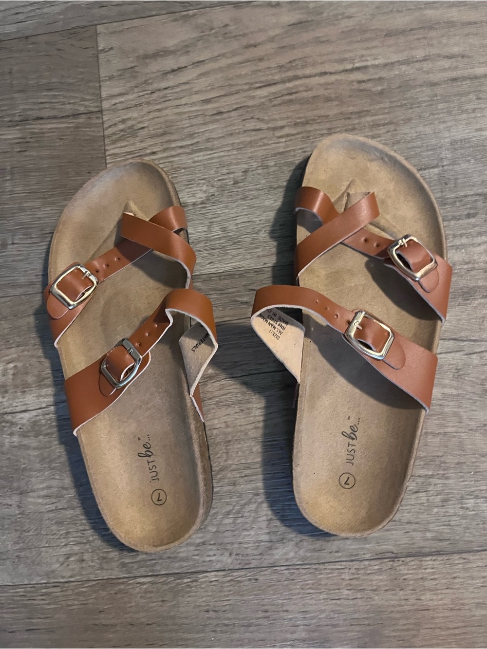 just be Brown  Double Buckle Slide Sandals